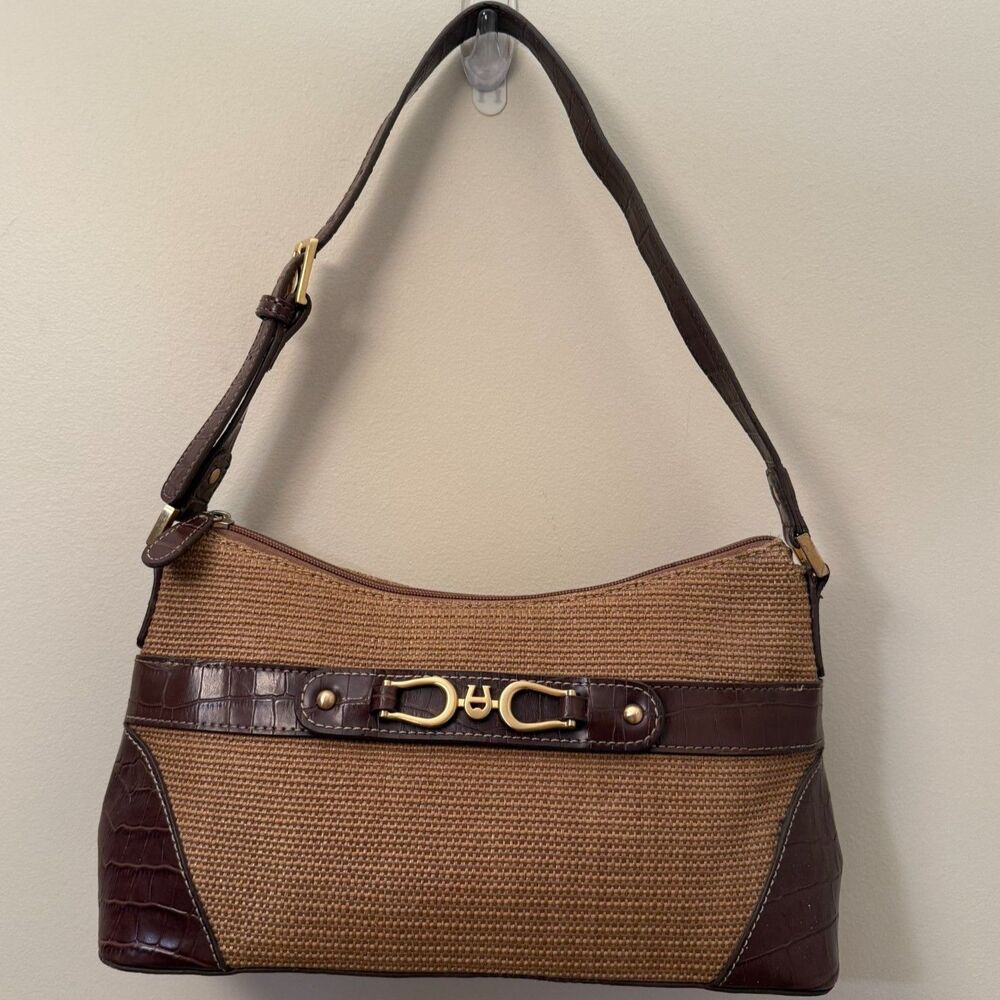 Vintage Etienne Aigner Woven Straw Shoulder Bag Faux Croc Trim Gold Horsebit